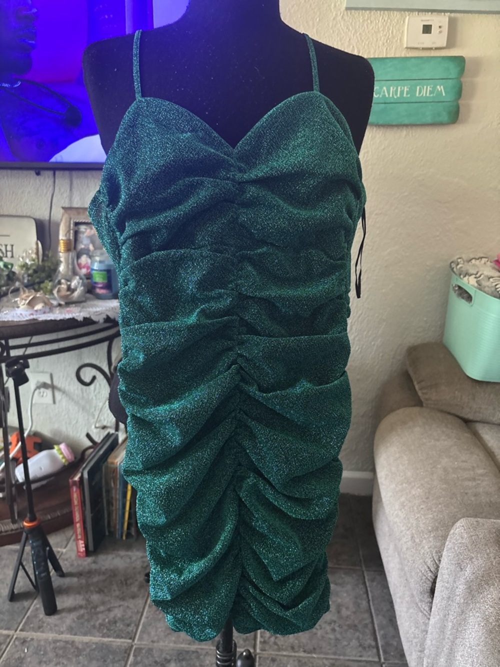 Green Ruched Mini Dress with Spaghetti Straps